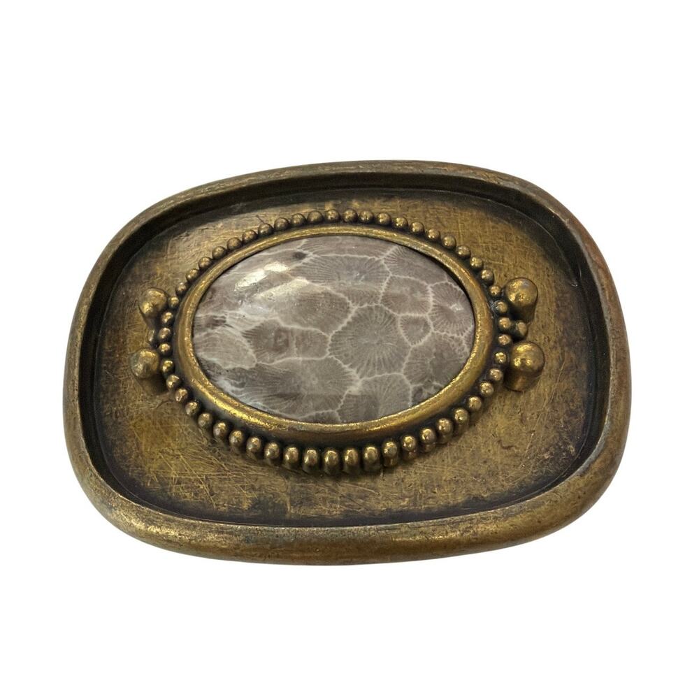 Vintage Brass Western Belt Buckle Fossil Coral Cabochon Petoskey Stone Boho 3x2
